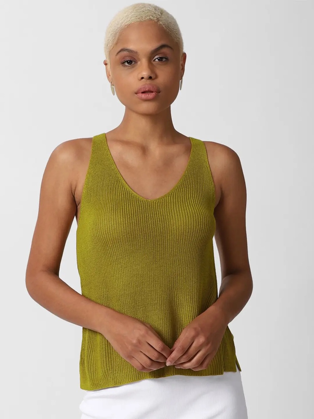 Forever 21 Sleeveless V-Neck Knit Tank Olive Green Large L